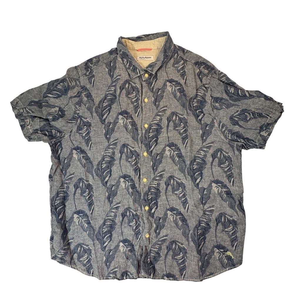 Tommy Bahama Help Me Fronda Men 2XL Linen Shirt Blue Palm Leaf‎ Camp Button Up